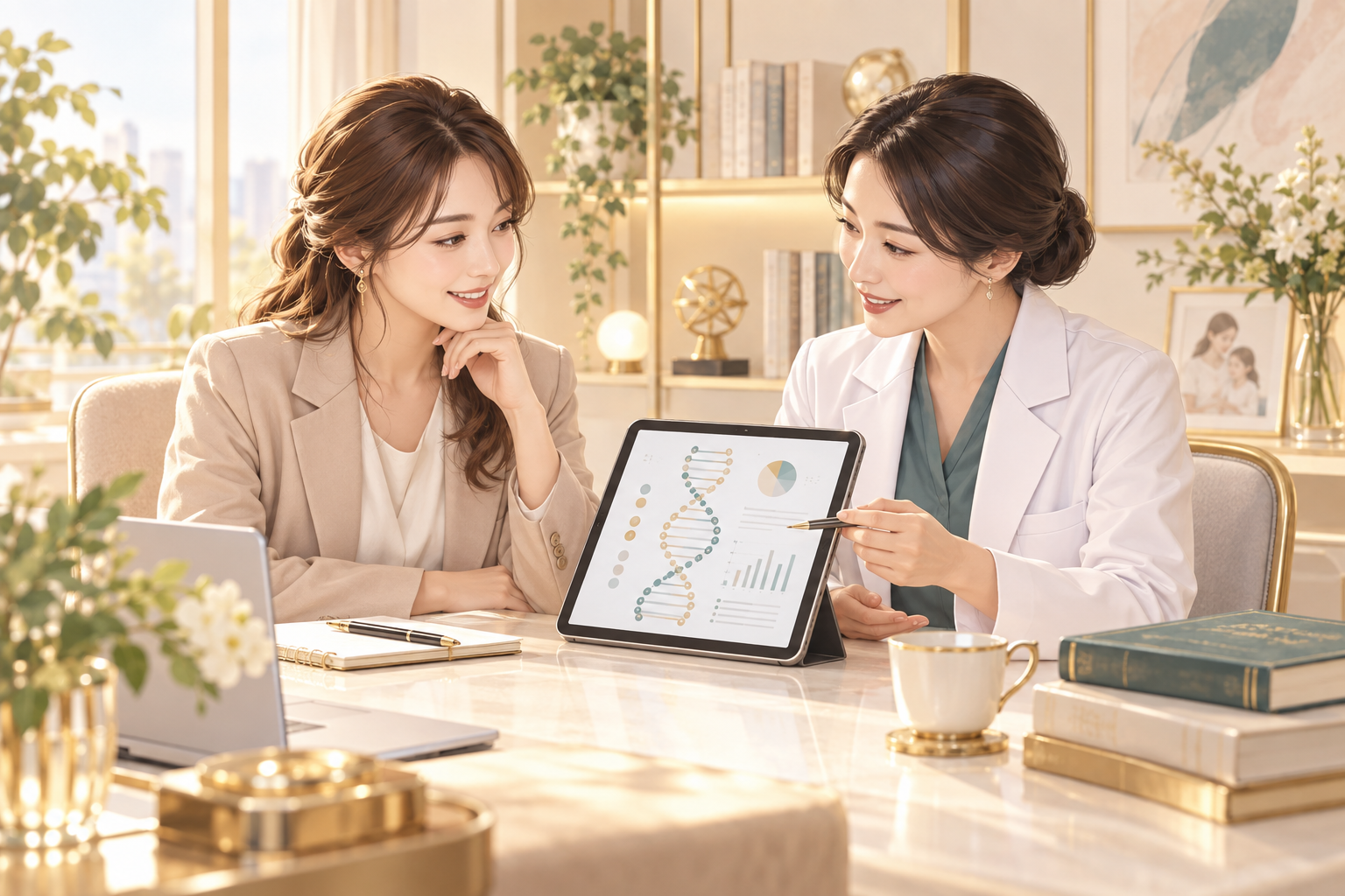 専門家と検査レポートを確認しながらサービスを企画する女性起業家