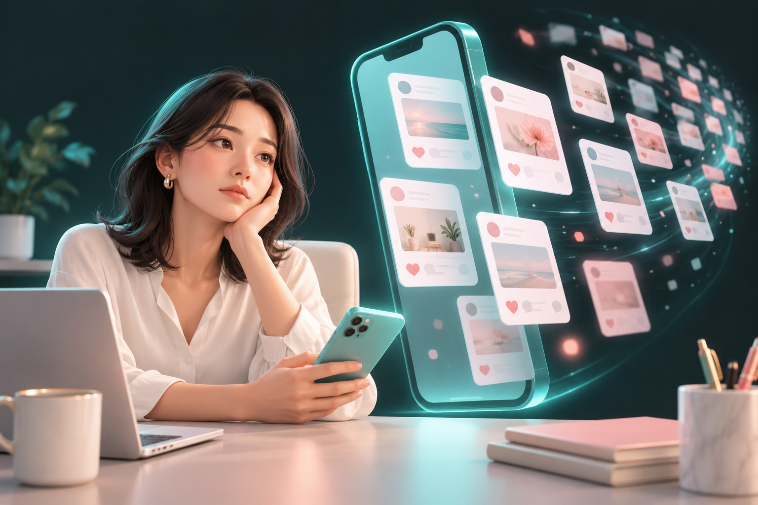 発信を続ける女性起業家と、タイムラインの奥へ流れていく投稿を描いたイラスト